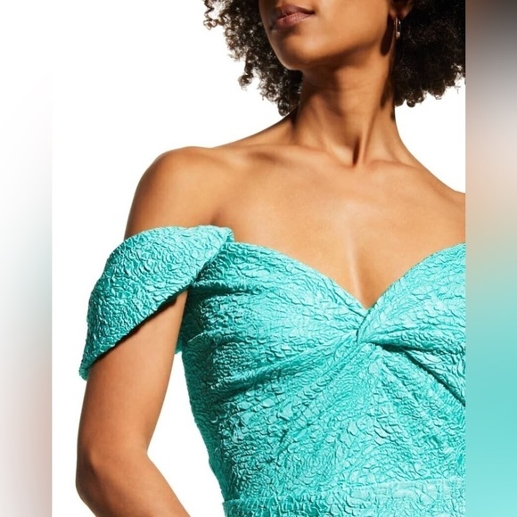 NEW! Tadashi Shoji Audrie Off Shoulder Jacquard Dress 👗 Jasmine Green sz 14 NWT - Picture 4 of 15